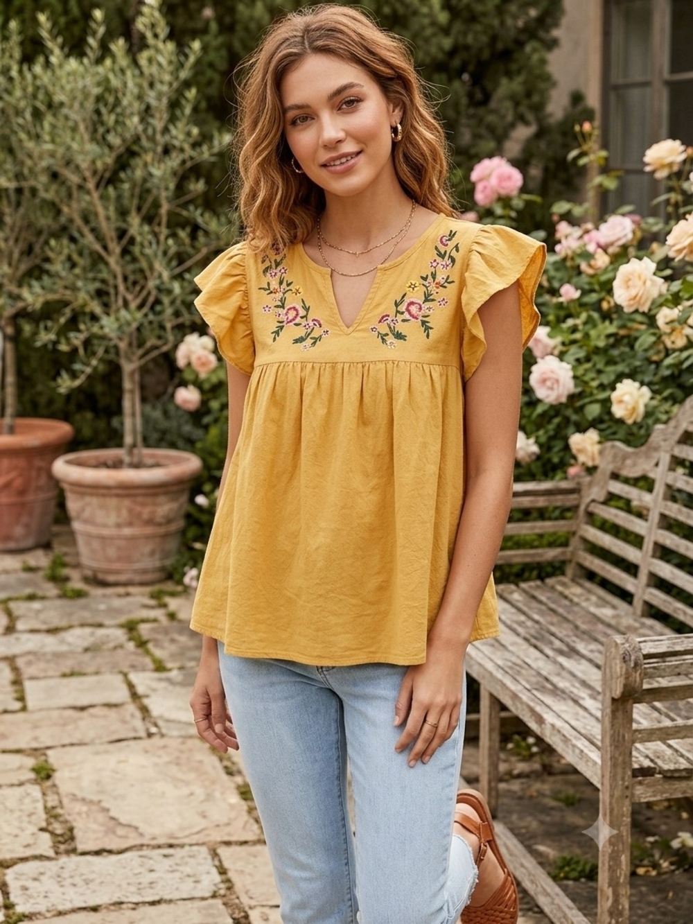 Women's Mustard Embroidered Flutter Sleeve Tunic